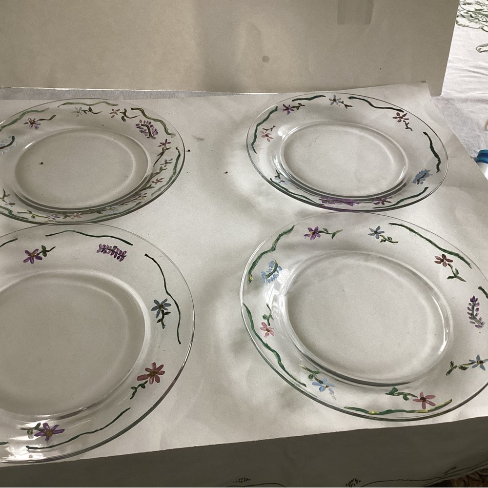 Hand Crafted Floral Glass Dinner Plates with Purple and Green Accents